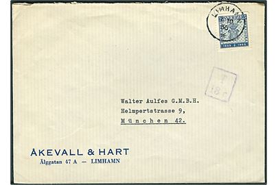 25 öre Frimærkejubilæum single på underfrankeret brev fra Limhamn d. 7.10.1955 til München, Tyskland. Violet portostempel: T 18c.