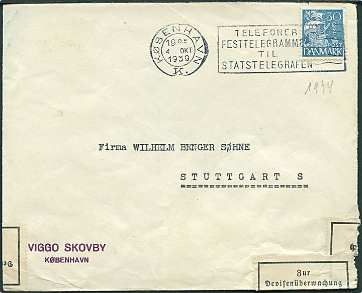 30 øre Karavel på brev fra København d. 4.10.1939 til Stuttgart, Tyskland. Åbnet af tysk toldkontrol.