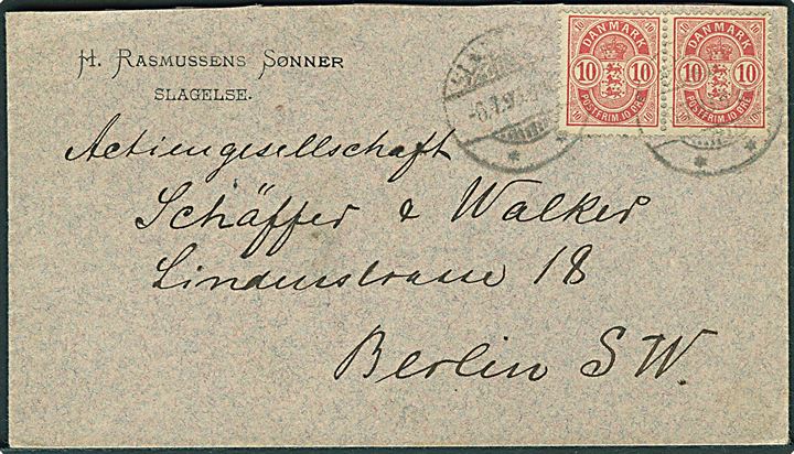 10 øre Våben i parstykke på brev fra Slagelse d. 6.7.1893 til Berlin, Tyskland.