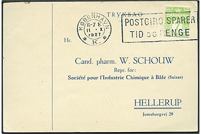 7 øre helsagsafklip anvendt som frankering på tryksags-brevkort fra København d. 11.10.1927 til Hellerup.