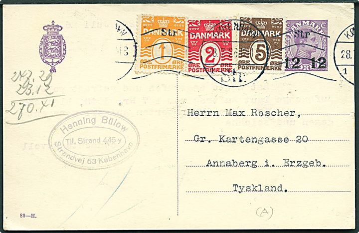 12/15 øre provisorisk helsagsbrevkort (fabr. 80-H) opfrankeret med 1 øre (2), 2 øre og 5 øre Bølgelinie fra København d. 28.7.1926 til Annaberg, Tyskland.