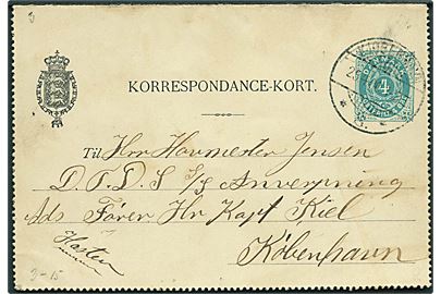 4 øre helsags korrespondancekort sendt lokalt i Kjøbenhavn d. 25.4.1900 til sømand ombord på DFDS dampskibet S/S Antwerpen.