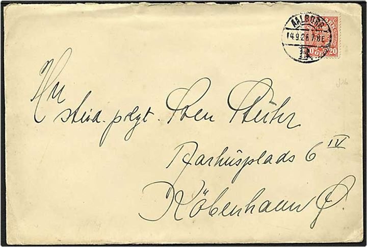 20 øre Chr. X på brev fra Aalborg d. 14.9.1926 til København. Mærket med perfin J26 - Jm. Stuhr.