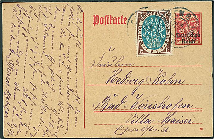 15 pfg. Deutsches Reich provisorisk helsagsbrevkort opfrankeret med 15 pfg. Weimar udg. fra München d. 28.6.1920 til Bad Wörishofen.