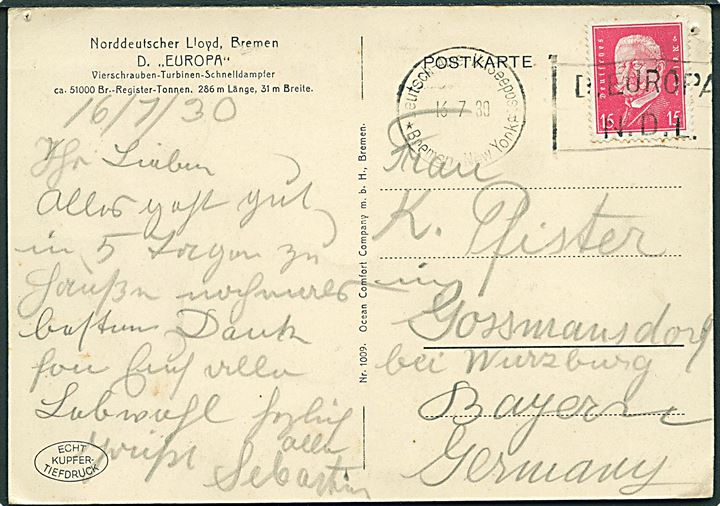 15 pfg. Hindenburg på brevkort (NDL dampskib Europa) annulleret med skibsstempel Deutsch-Amerik. Seepost Bremen - New York / D. Europa NDL d. 16.7.1930 til Grossmannsdorf, Tyskland.