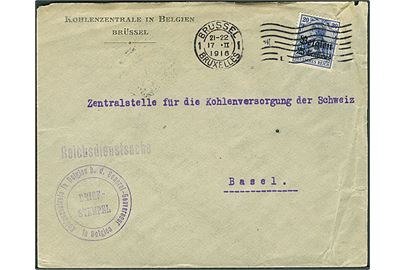 Tysk post i Belgien. 25 centimes/20 pfg. Belgien Provisorium på brev fra Brussel d. 17.2.1916 til Basel, Schweiz. 