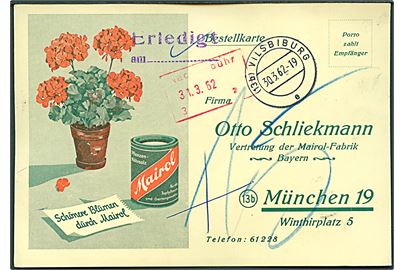 Ufrankeret illustreret svarbrevkort fra Vilsbiburg d. 30.3.1962 til München. Udtakseret i 15 pfg. porto.