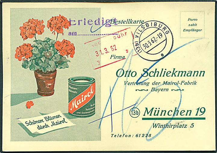 Ufrankeret illustreret svarbrevkort fra Vilsbiburg d. 30.3.1962 til München. Udtakseret i 15 pfg. porto.
