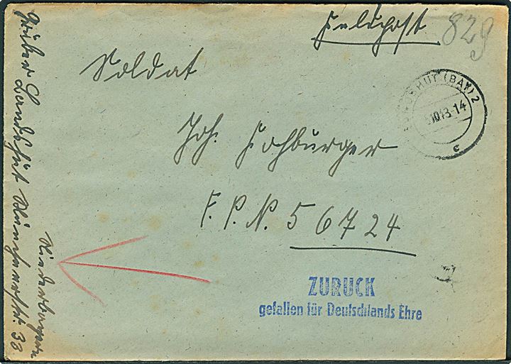 Ufrankeret feltpostbrev fra Landshut d. 5.10.1943 til soldat ved feldpostnummer 56724 = 1. Kranken-Kraftwagen-Zug 181. Retur med liniestempel: Zuruck / gefallen für Deutschlands Ehre.