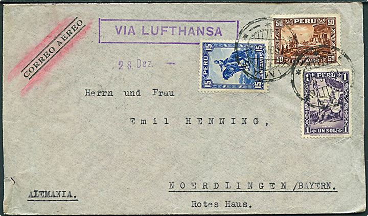 1,65 s. frankeret luftpostbrev fra Lima d. 15.12.1935 via Santiago til Noerdlingen, Tyskland. Rammestempel via Lufthansa.