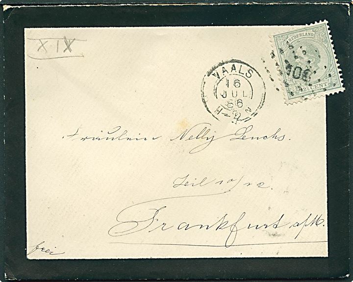 12½ c. Wilhelm III single på sørgebrev annulleret med nr.stempel 108 og sidestemplet Vaals d. 16.7.1886 til Frankfurt, Tyskland.