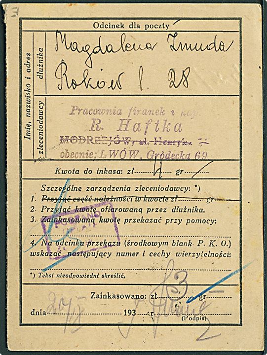 20 gr. Katowice på kvittering stemplet Lwow 2 d. 16.9.1937.