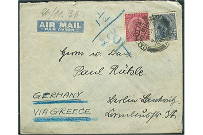 3 As. 6 p. og 12 As. George V på underfrankeret luftpostbrev fra Calcutta d. 16.11.1936 til Berlin, Tyskland. Påskrevet: via Greece.