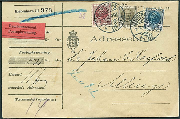 20 øre, 25 øre og 50 øre Fr. VIII på adressebrev for pakke med opkrævning fra Kjøbenhavn d. 2.4.1910 til Allinge.