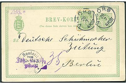 5 øre Våben helsagsbrevkort opfrankeret med 5 øre Våben helsagsafklip annulleret med lapidar Viborg d. 26.7.1902 til Berlin, Tyskland.