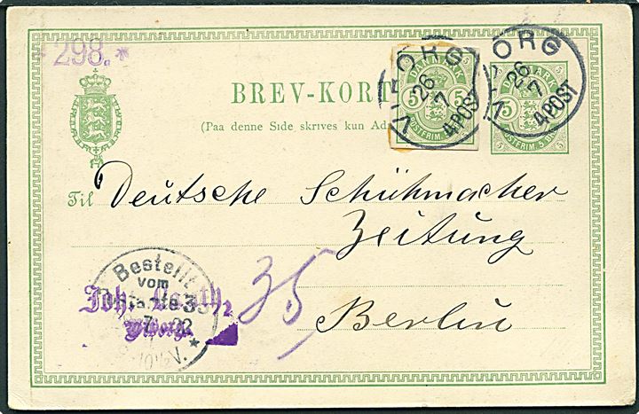 5 øre Våben helsagsbrevkort opfrankeret med 5 øre Våben helsagsafklip annulleret med lapidar Viborg d. 26.7.1902 til Berlin, Tyskland.