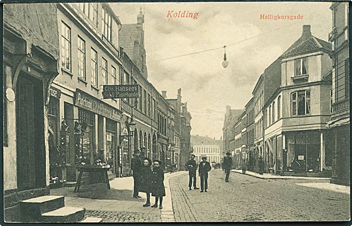 Helligkorsgade i Kolding. Chr. Hansen's Papir og Boghandel til venstre. Jens Mortensen u/no. 