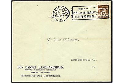 10 øre brun bølgelinie på lokalt sendt brev fra København d. 21.10.1932. Mærket med perfin L50 - Den danske Landmandsbank.