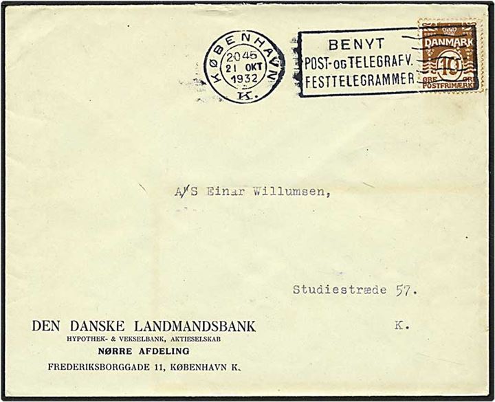 10 øre brun bølgelinie på lokalt sendt brev fra København d. 21.10.1932. Mærket med perfin L50 - Den danske Landmandsbank.