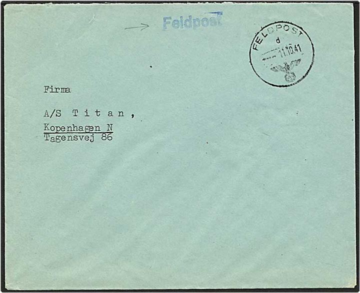 Feltpost brev, feltpost nr. 04022, d. 11.10.1941 til København. Liniestempel med feltpost.