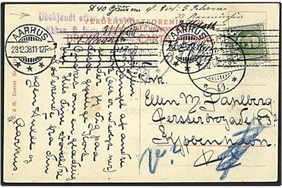 5 øre grøn Fr. VIII på postkort fra Aarhus d. 23.12.1908 til København. Ubekjendt efter adressen.