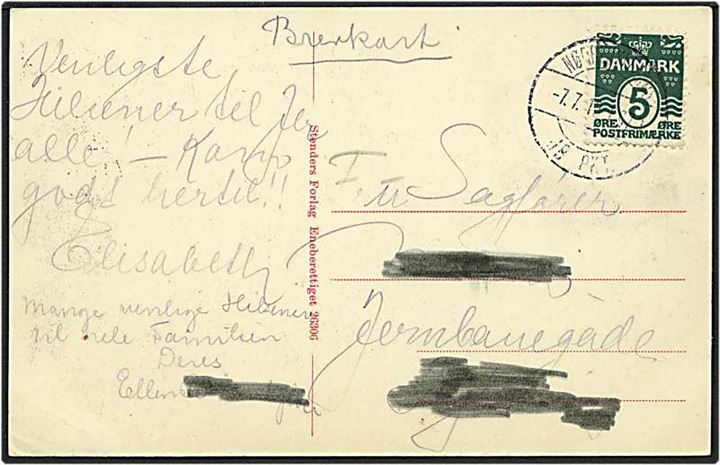 5 øre grøn bølgelinie på postkort fra Aalborg d. 7.7.1913. Nørrejyllands / JB PKT bureaustempel.