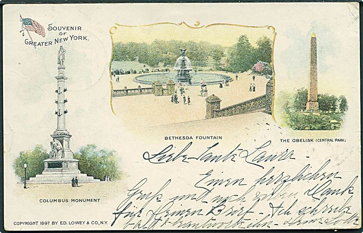 Souvenir of Greater New York. Bethesda Fountain, The Obelisk & Colombus Monument. Ed Lowey & Co. no. 1897. Med skader. 