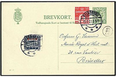 5 øre grøn Chr. X og 2 øre rød bølgelinie dobbeltbrevkort opfrankeret med 20+10 øre blå Sønderborg Slot fra Silkeborg d. 15.7.1921 til Bruxelles, Belgien.