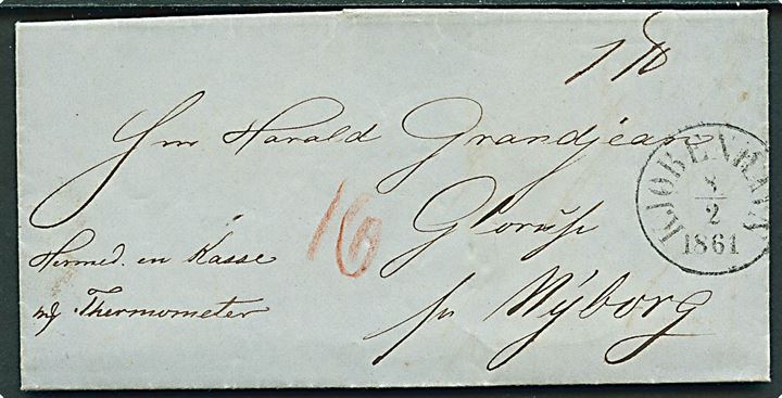 1861. Adressebrev for Kasse med Thermometer på 1 pund med antiqua Kjøbenhavn d. 8.2.1861 til Glorup pr. Nyborg. Påskrevet 16 sk. porto. 
