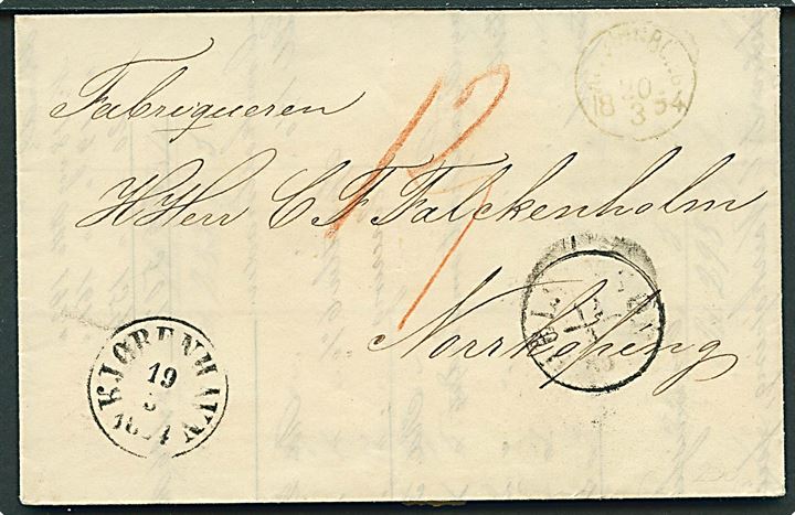 1854. Portobrev fra Kjøbenhavn d. 19.3.1854 via Helsingør til Norrköping, Sverige. Påskrevet svensk 12 sk. porto.