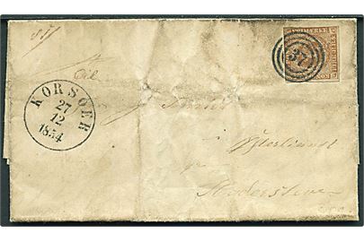 4 R.B.S. Thiele III gråbrun på nusset brev dateret d. 24.12.1854 annulleret med nr.stempel 37 og sidestemplet antigua Korsöer d. 27.12.1854 til Haderslev. 