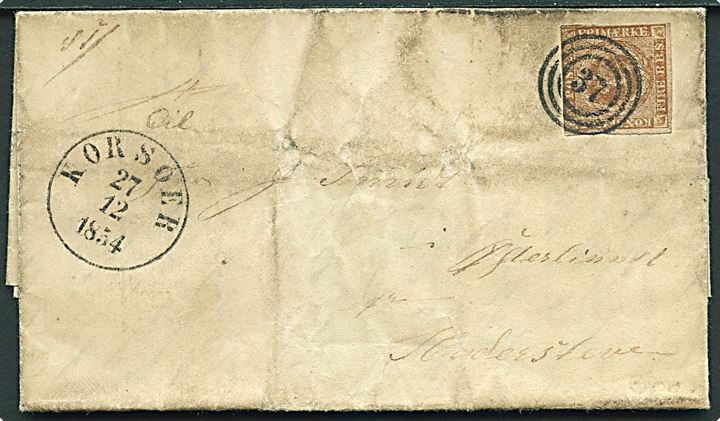 4 R.B.S. Thiele III gråbrun på nusset brev dateret d. 24.12.1854 annulleret med nr.stempel 37 og sidestemplet antigua Korsöer d. 27.12.1854 til Haderslev. 