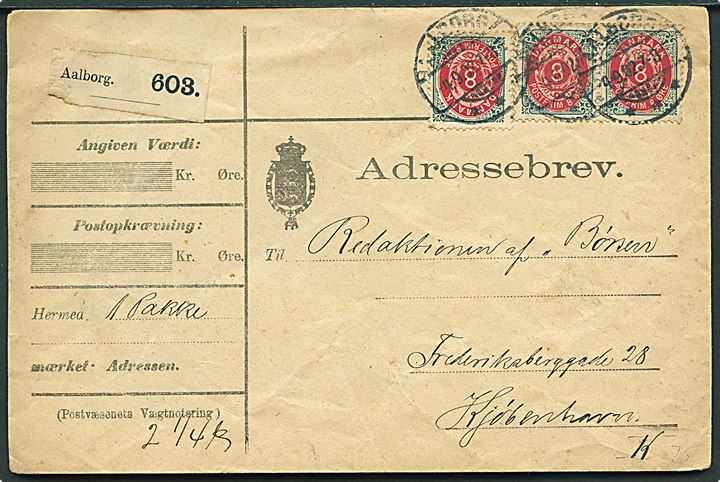 8 øre Tofarvet (3) ret rm. på 24 øre frankeret adressebrev for pakke fra Aalborg d. 4.9.1902 til Kjøbenhavn. 