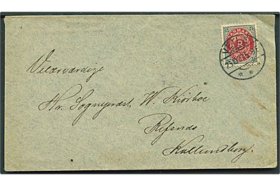 8 øre Tofarvet omv. rn. på brev fra Veile d. 25.10.1897 til Refsnæs pr. Kalundborg.