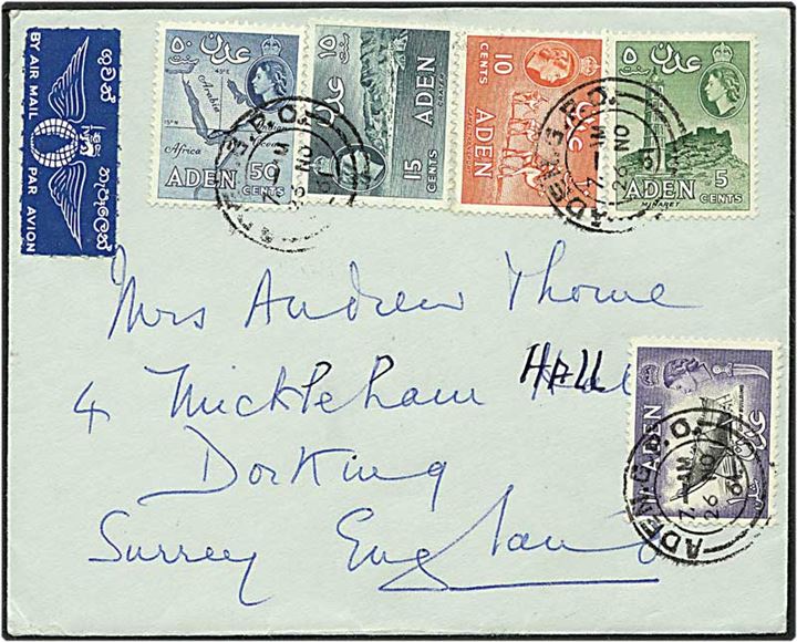 1,80 shilling på luftpost brev fra Aden d. 26.11.1961 til Surrey, England.
