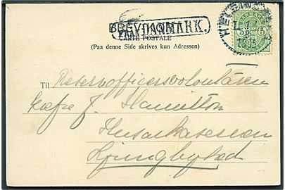 5 øre Våben på brevkort fra Helsingør annulleret med svensk stempel i Helsingborg d. 1.8.1905 og sidestemplet Från Danmark til Ljungbyhed, Sverige.