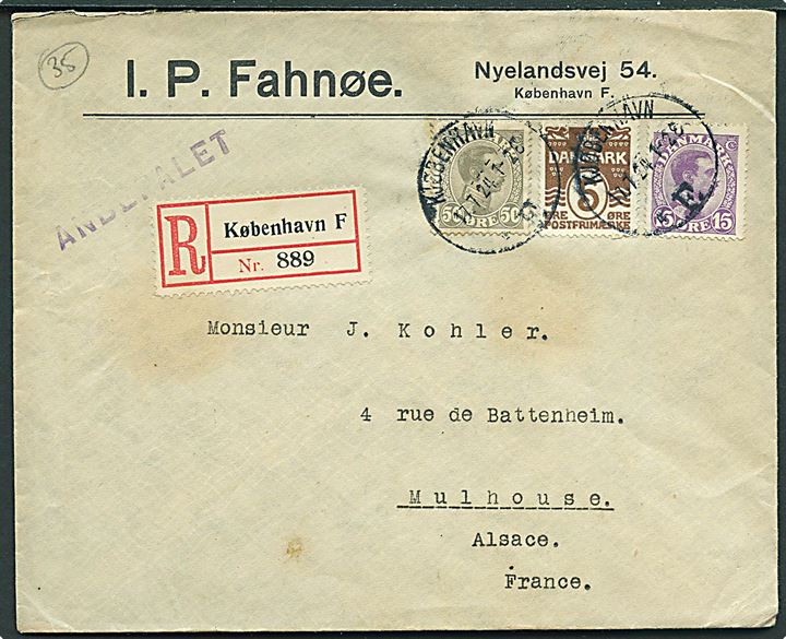 5 øre Bølgelinie, 15 øre og 50 øre Chr. X på anbefalet brev fra Kjøbenhavn d. 17.7.1924 til Mulhouse, Frankrig.