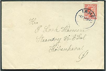 10 øre Chr. X på brev annulleret med brotype IIIb Fæmø d. 4.11.1915 via Maribo til København.