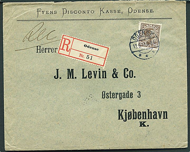 25 øre Chr. X single på anbefalet brev fra Odense d. 12.9.1914 til Kjøbenhavn. Laksegl fjernet fra bagsiden.