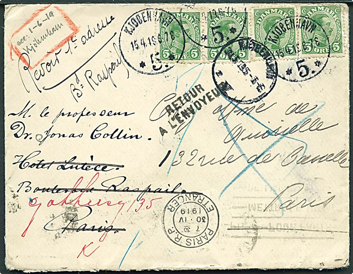5 øre Chr. X (4) på brev fra Kjøbenhavn d. 15.4.1919 til Paris, Frankrig - eftersendt og retur som ubekendt.