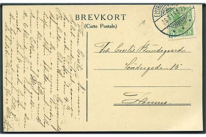 5 øre Chr. X på brevkort annulleret med yderligt placeret brotype Ia Eistrup Holdepl. d. 28.7.1914 til Horsens.