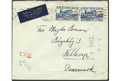 3,50 frank på luftpost brev fra Tunesien d. 26.4.1938 til Hellerup.