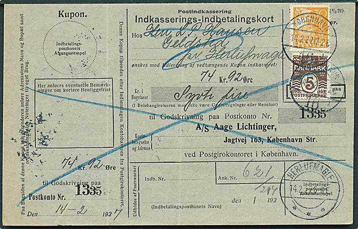 5 øre Bølgelinie og 30 øre Karavel på retur Indkasserings-Indbetalingskort fra København d. 14.2.1927 til Herlufmagle.