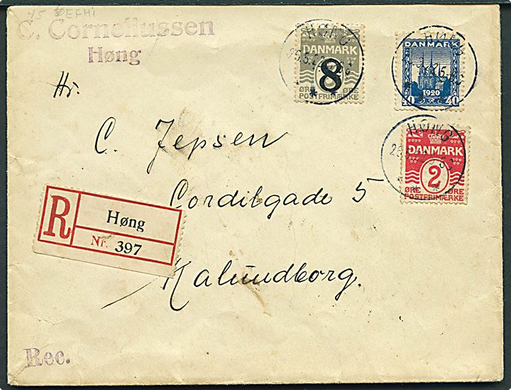 2 øre Bølgelinie, 8/3 øre Provisorium og 40 øre Genforening på anbefalet brev fra Høng d. 25.5.1922 til Kalundborg.