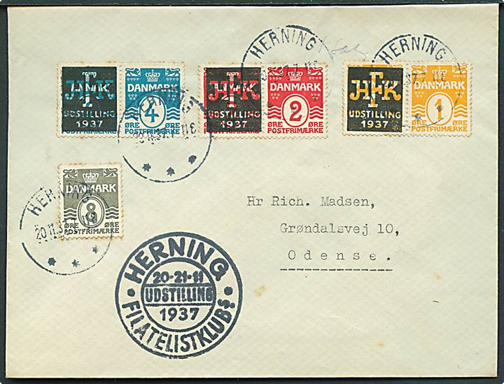 1 øre, 2 øre og 4 øre Bølgelinie i parstykke med tiltryk HFK Udstilling 1937, samt 8 øre Bølgelinie på udstillingskuvert stemplet Herning d. 20.11.1937 til Odense.