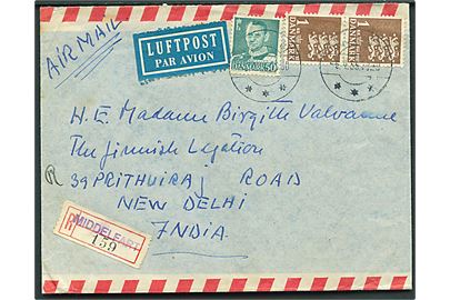 50 øre Fr. IX og 1 kr. Rigsvåben i parstykke på anbefalet luftpostbrev fra Middelfart d. 5.4.1955 til New Delhi, Indien.