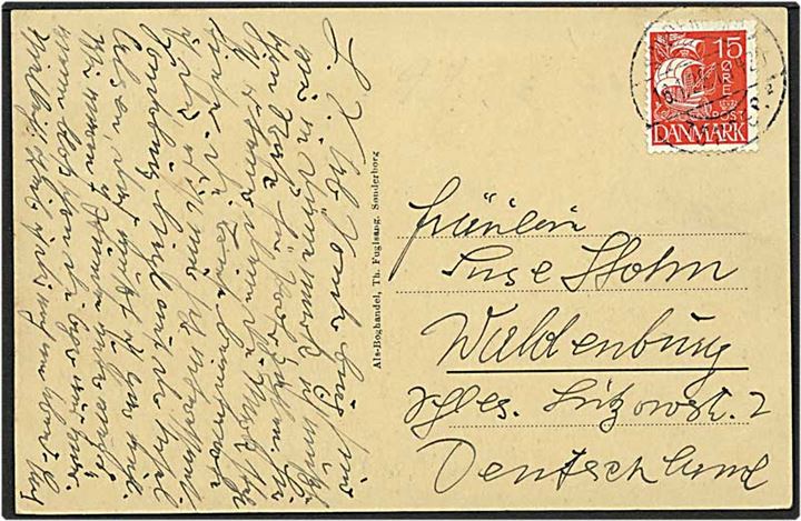 15 øre rød karavel på postkort fra Sønderborg d. 16.1.1929 til Tyskland. Sønderborg / Tønder sn 2 bureaustempel.