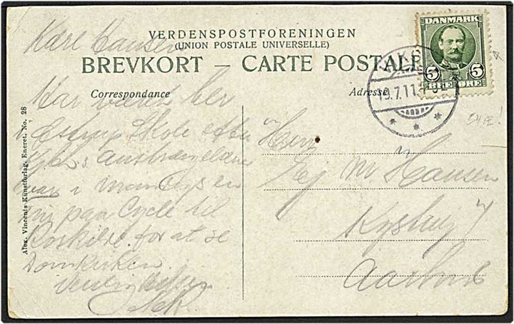 5 øre grøn Fr. VIII, eftergravering, på postkort fra Viksø d. 19.7.1911 til Aarhus.