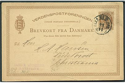 6 øre helsagsbrevkort fra Kjøbenhavn annulleret med svensk bureaustempel PKXP. No.2 UPP d. 23.11.1881 til Christiania, Norge