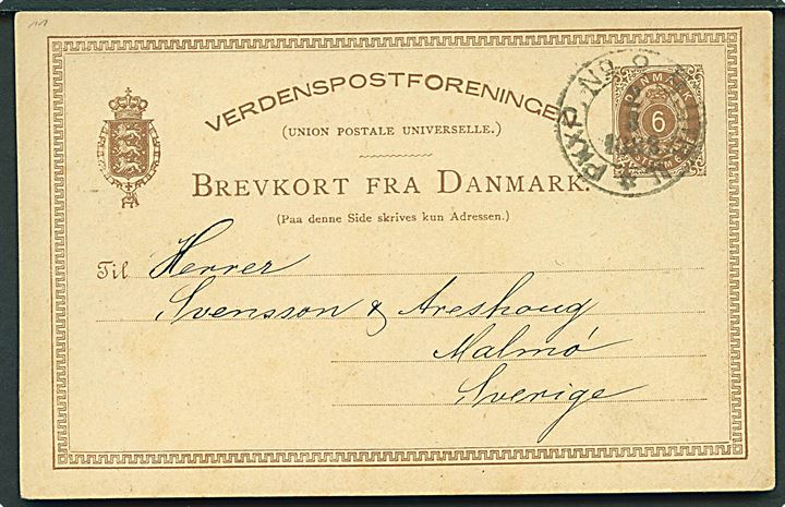 6 øre helsagsbrevkort fra Kjøbenhavn annulleret med svensk bureaustempel PKXP. No. 2 B UTR. U. d. 2.3.1883 til Malmö, Sverige.